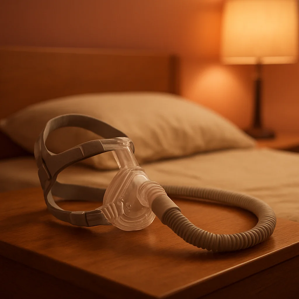Foto: máscara de CPAP parada na mesa de cabeceira