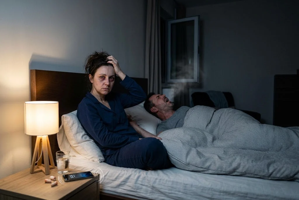 Casal em noite mal dormida por causa do ronco