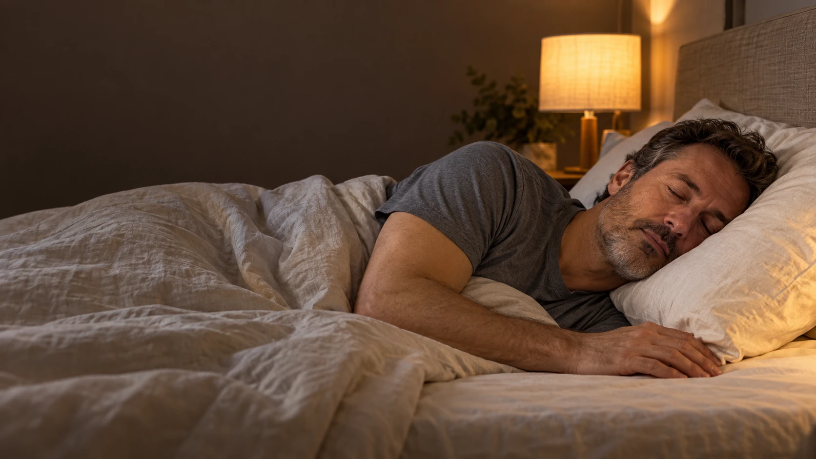 Homem deitado de lado em uma cama com travesseiro e roupa de cama bege.
