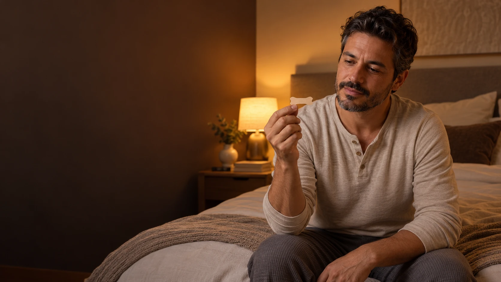 Adulto sentado ao lado da cama observa uma pequena tira nasal externa na mão.