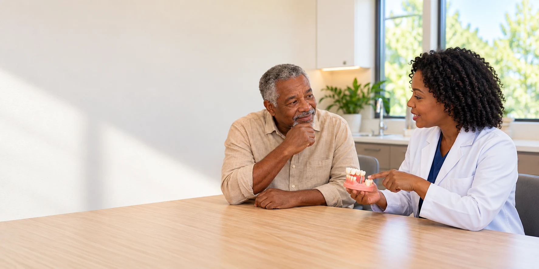 Homem conversa com profissional em consultório enquanto ela apresenta um modelo de dentes sobre a mesa.