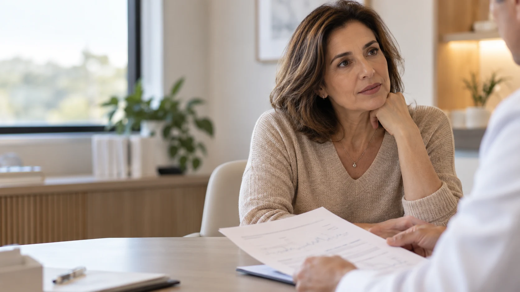 Mulher em consulta de retorno conversando com um profissional de saúde sobre um exame em papel.